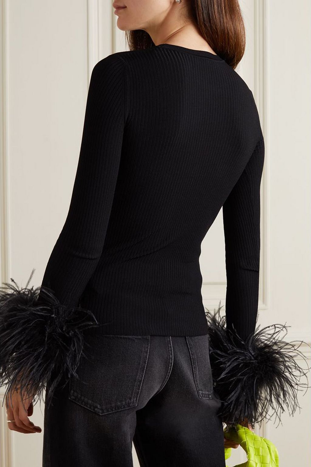 VALENTINO GARAVANI Feather-trimmed ribbed-knit top