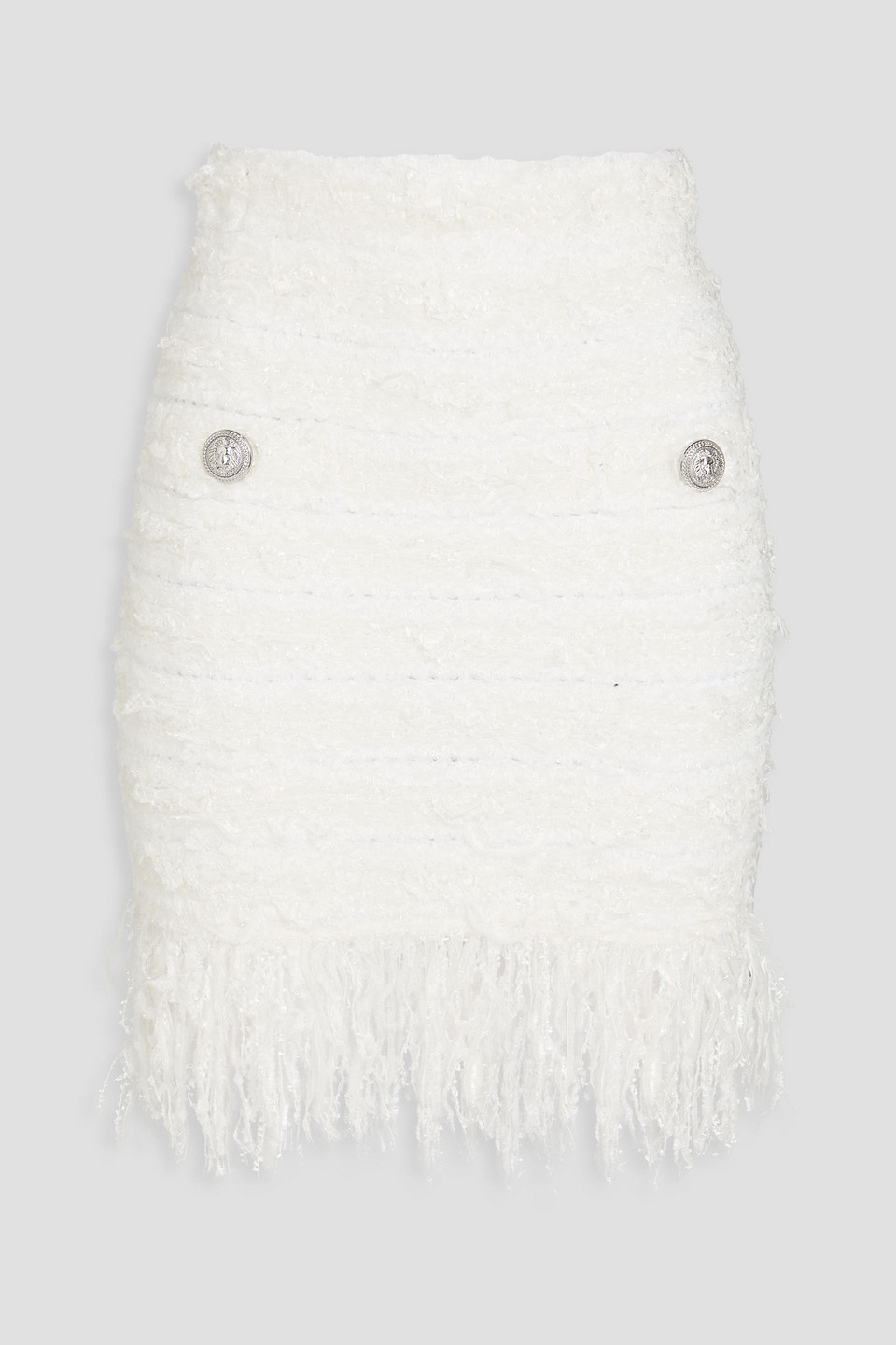 Balmain Fringed Metallic Bouclé-knit Mini Skirt In White