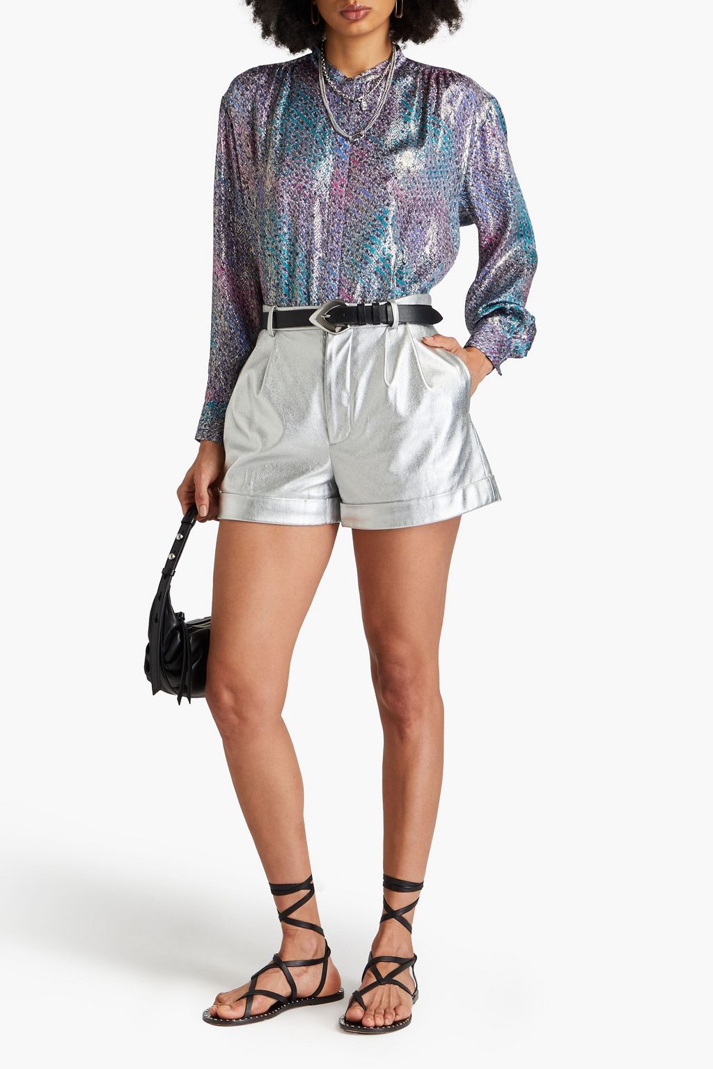 ISABEL MARANT 메탈릭 프린트 실크 혼방 새틴 블라우스