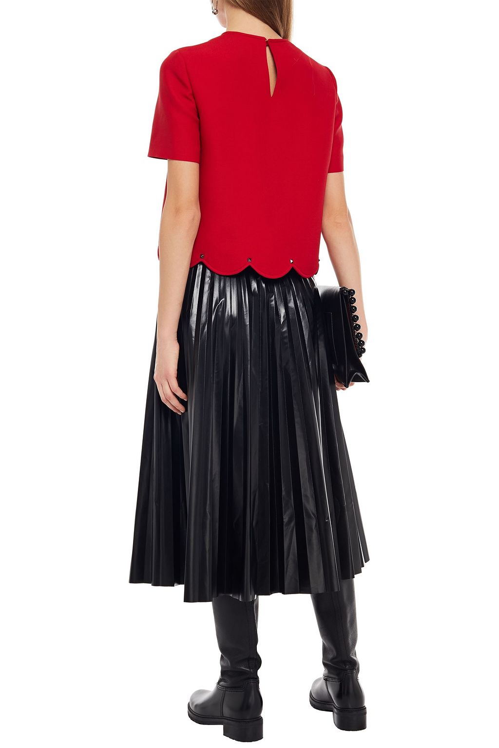 VALENTINO GARAVANI Studded scalloped wool and silk-blend crepe top