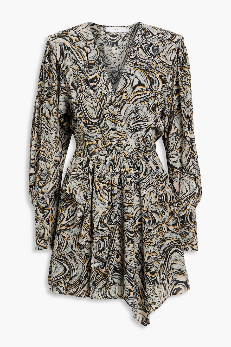 Iro Flamen Draped Printed Silk Crepe De Chine Mini Dress In Beige