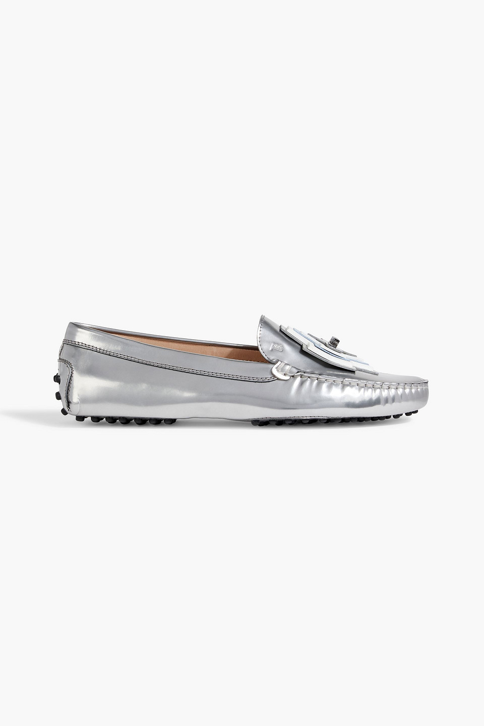 Tod's Embellished Metallic Glossed-leather Loafers In Silver