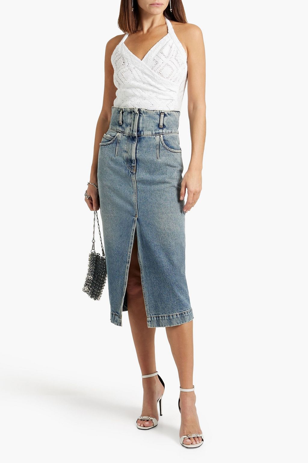 IRO Letala distressed denim midi skirt