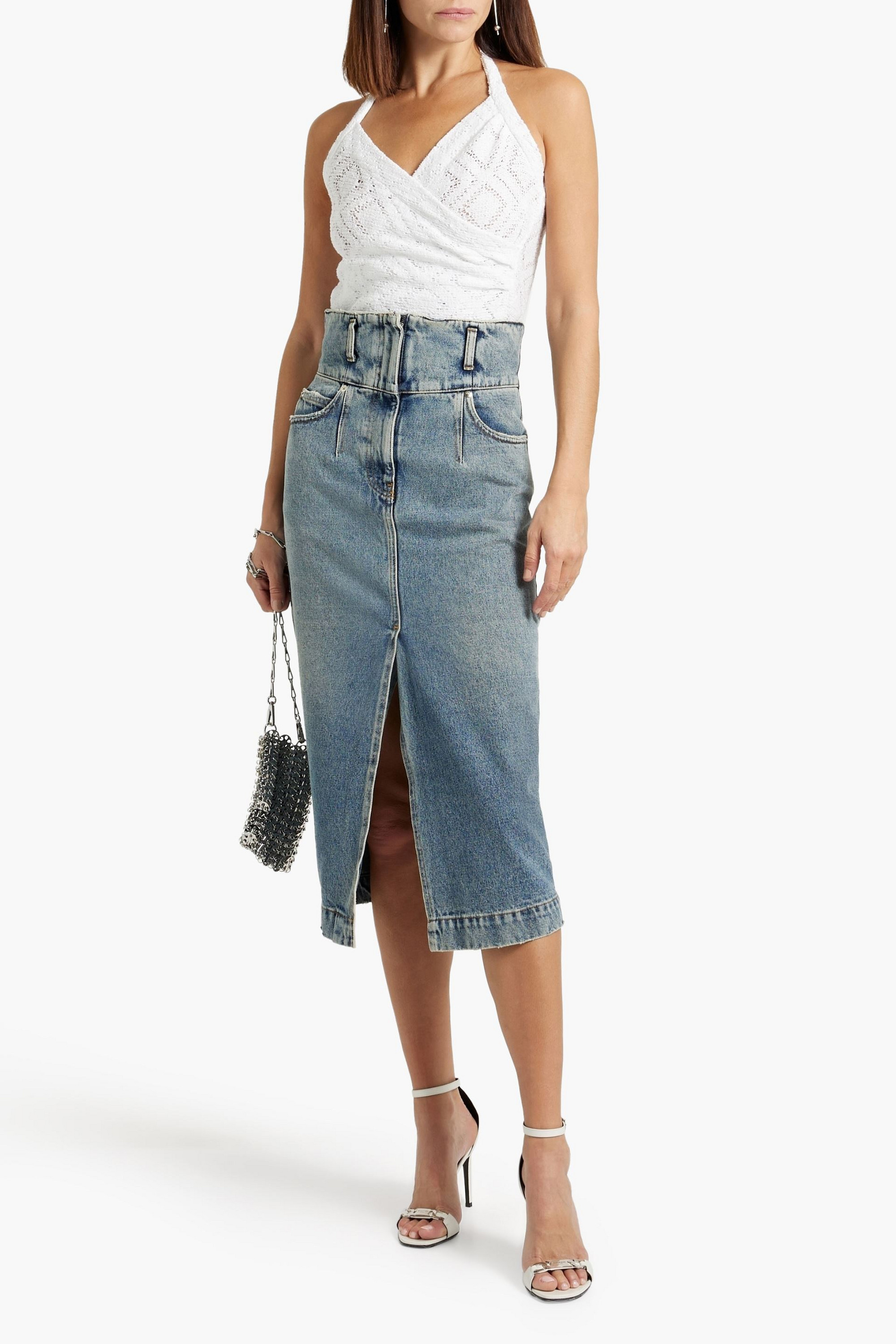 IRO Letala distressed denim midi skirt