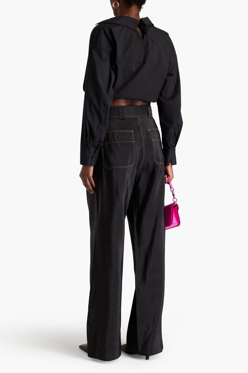 VALENTINO GARAVANI Topstitched pleated silk-twill wide-leg pants