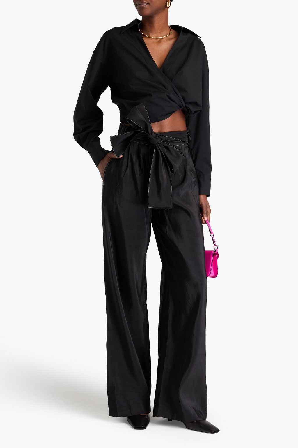 VALENTINO GARAVANI Topstitched pleated silk-twill wide-leg pants