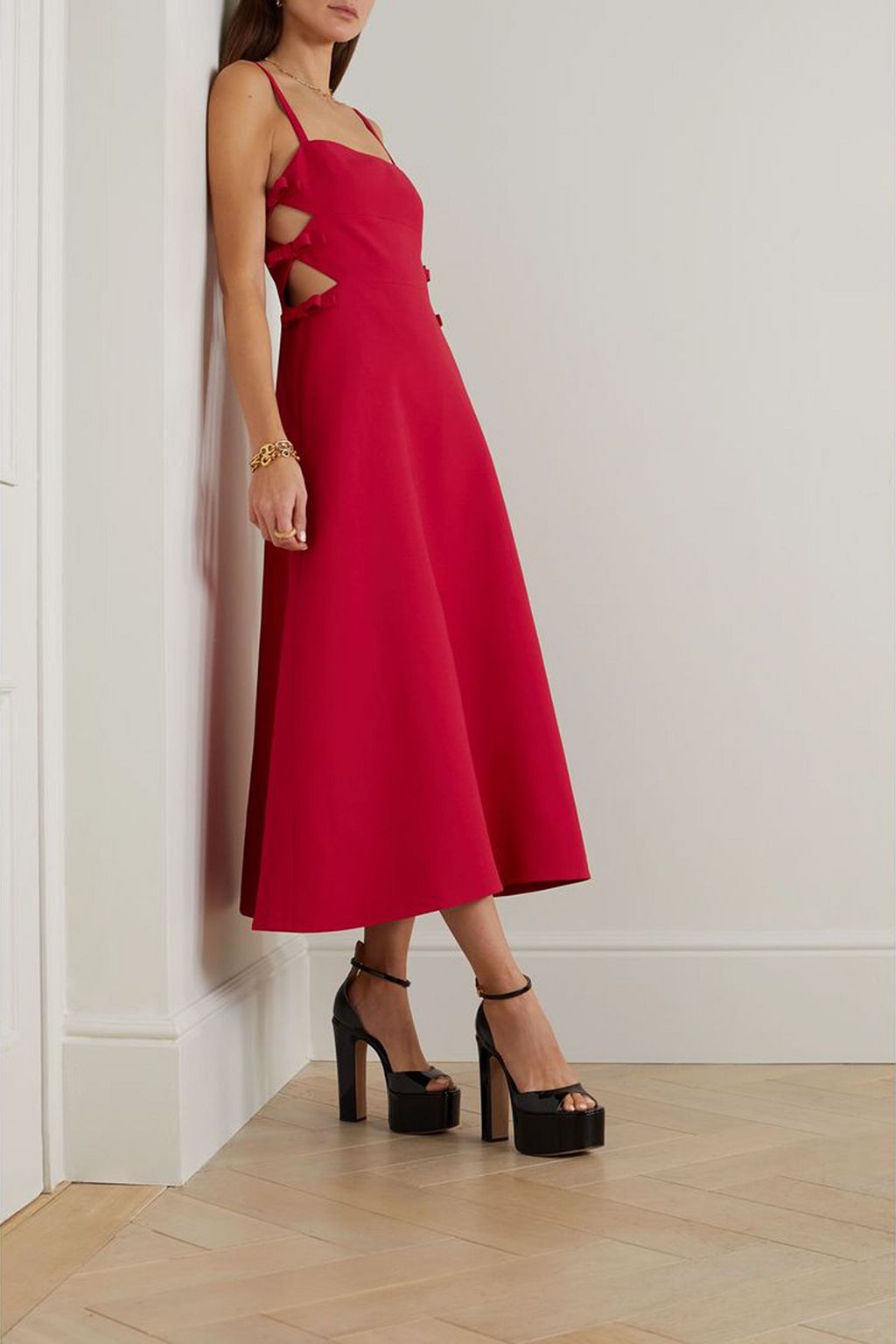 VALENTINO GARAVANI Bow-detailed cutout wool and silk-blend midi dress