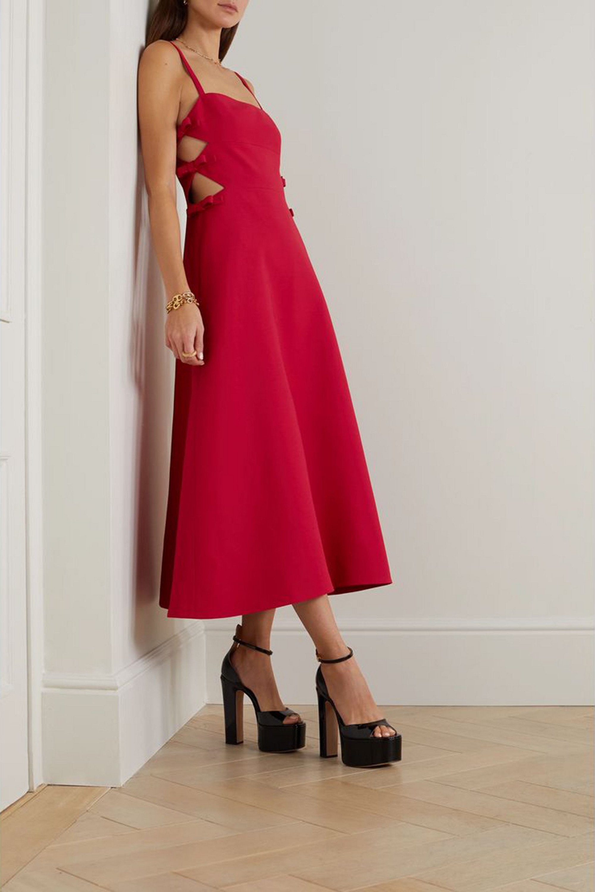 Valentino Garavani Bow-detailed cutout wool and silk-blend midi dress