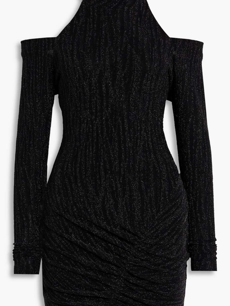 cabera cold-shoulder metallic jacquard-knit mini dress