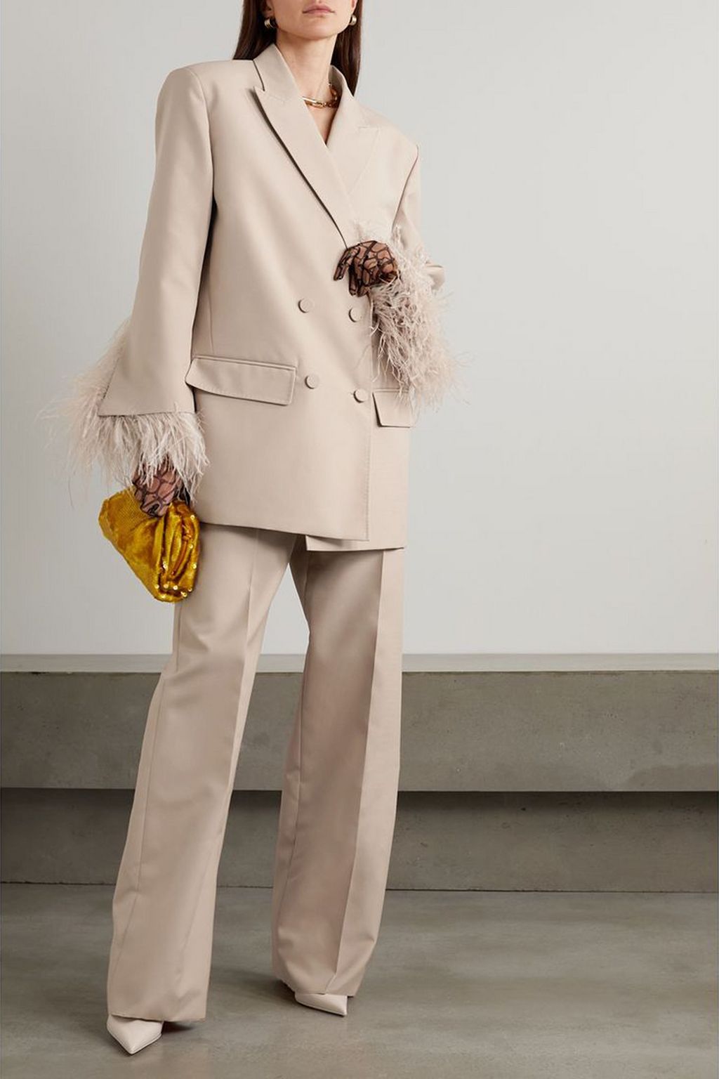 VALENTINO GARAVANI Oversized double-breasted feather-trimmed woven blazer
