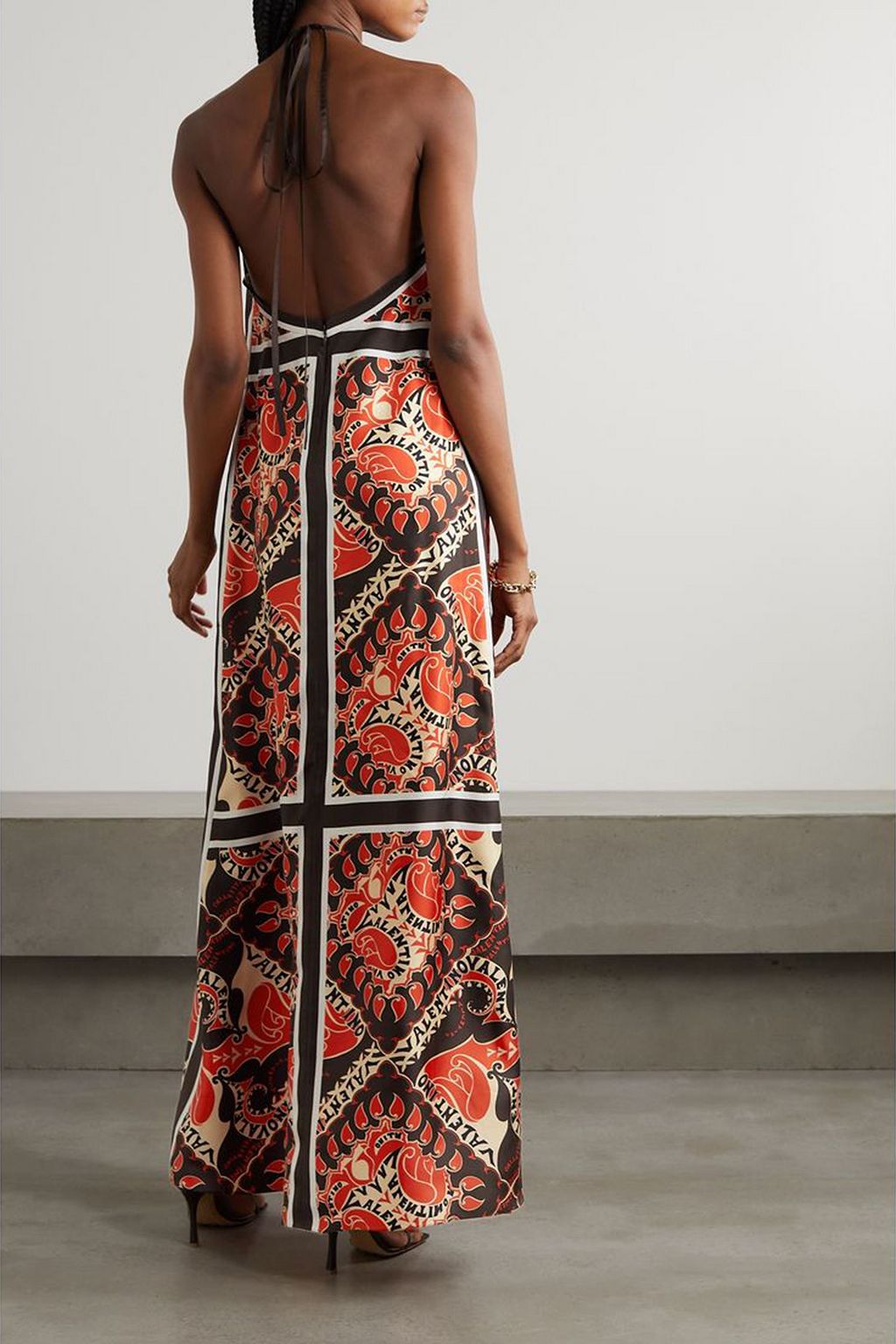 VALENTINO GARAVANI Open-back embellished printed silk-twill halterneck gown