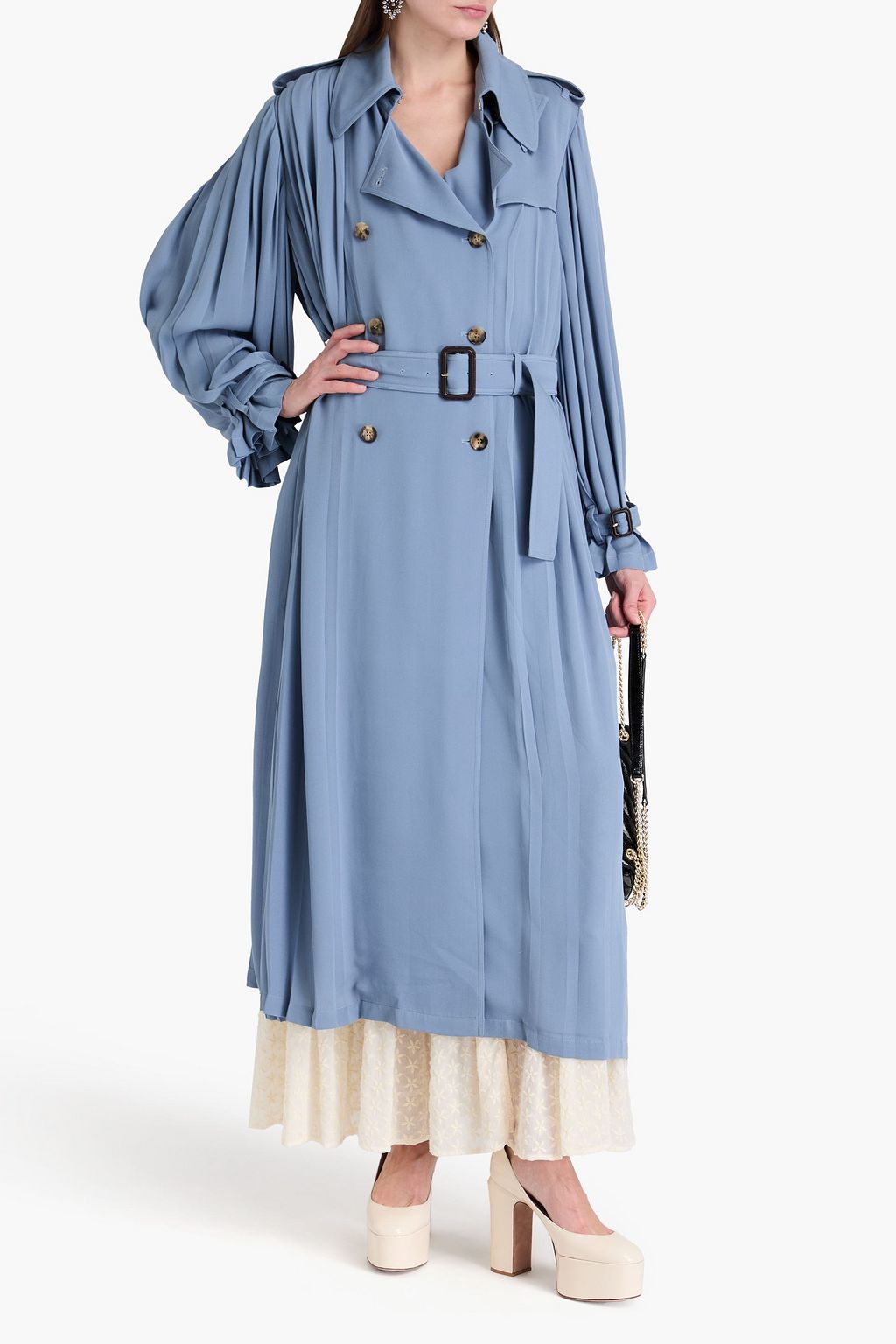 VALENTINO GARAVANI Double-breasted pleated silk-crepe trench coat