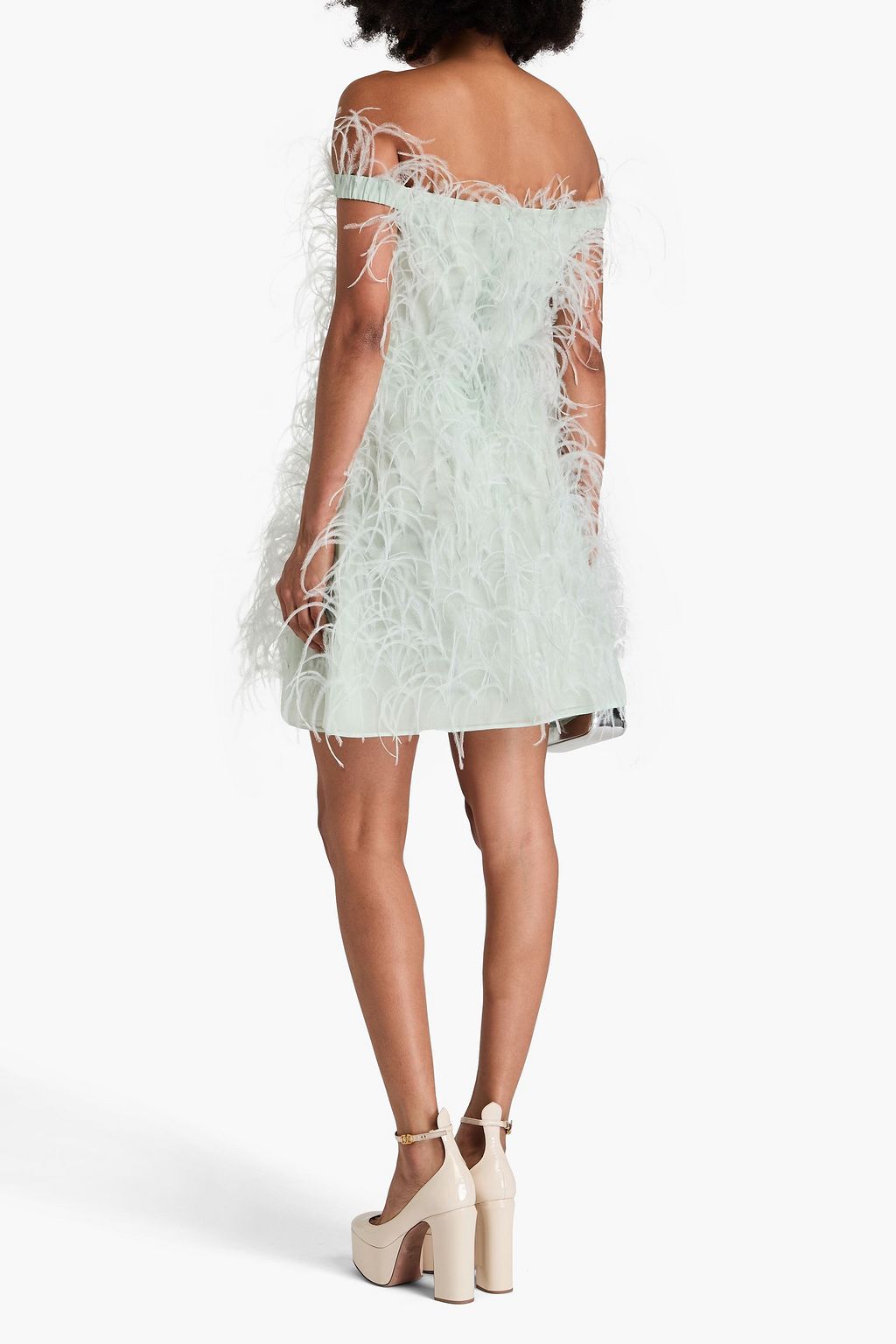 VALENTINO GARAVANI Off-the-shoulder feather-embellished silk-organza mini dress