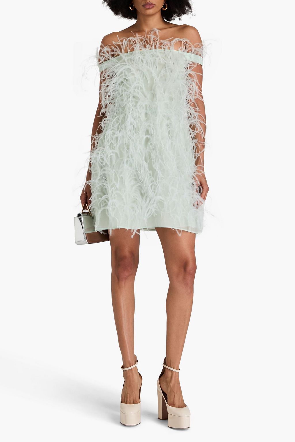 VALENTINO GARAVANI Off-the-shoulder feather-embellished silk-organza mini dress