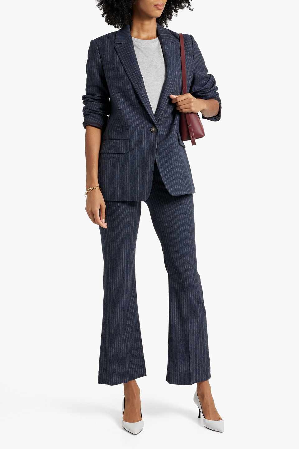 Vince Pinstriped Woven Flared Pants In Navy