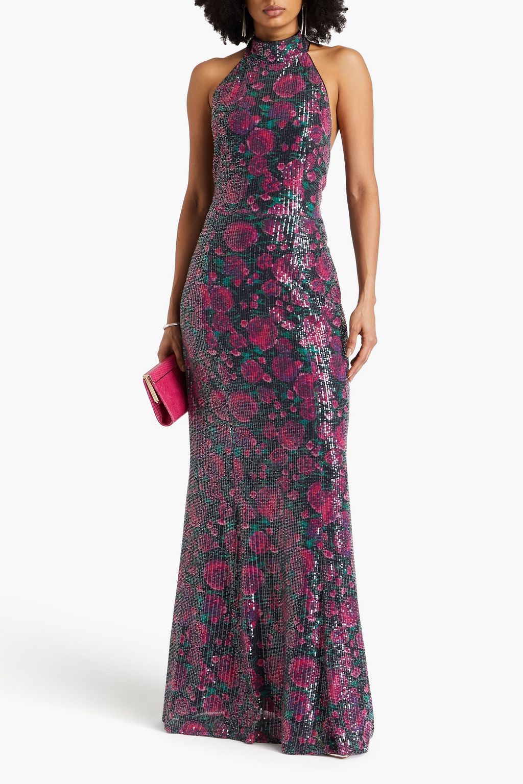 ROTATE BIRGER CHRISTENSEN Sequined floral-print stretch-mesh halterneck maxi dress