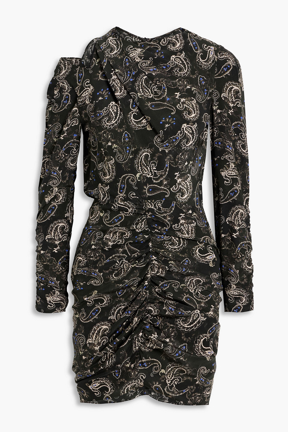 Isabel Marant Tosca Ruched Paisley-print Silk Crepe De Chine Mini Dress In Black