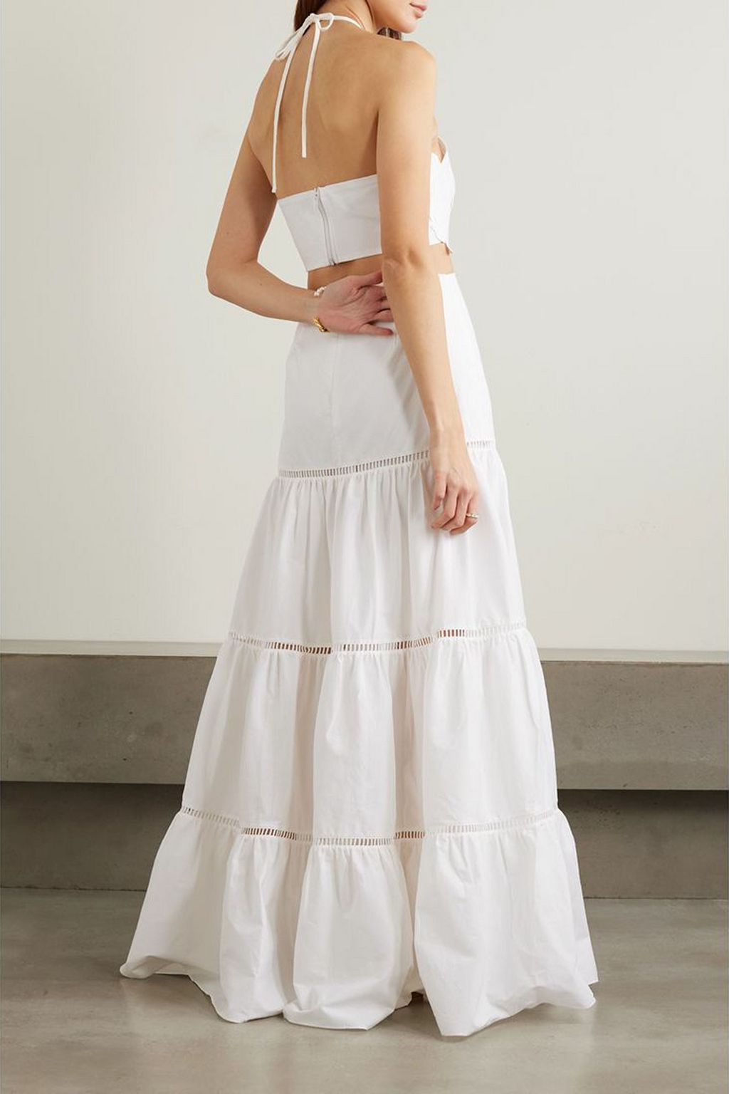 PATBO Tiered broderie anglaise cotton-blend poplin halterneck maxi dress