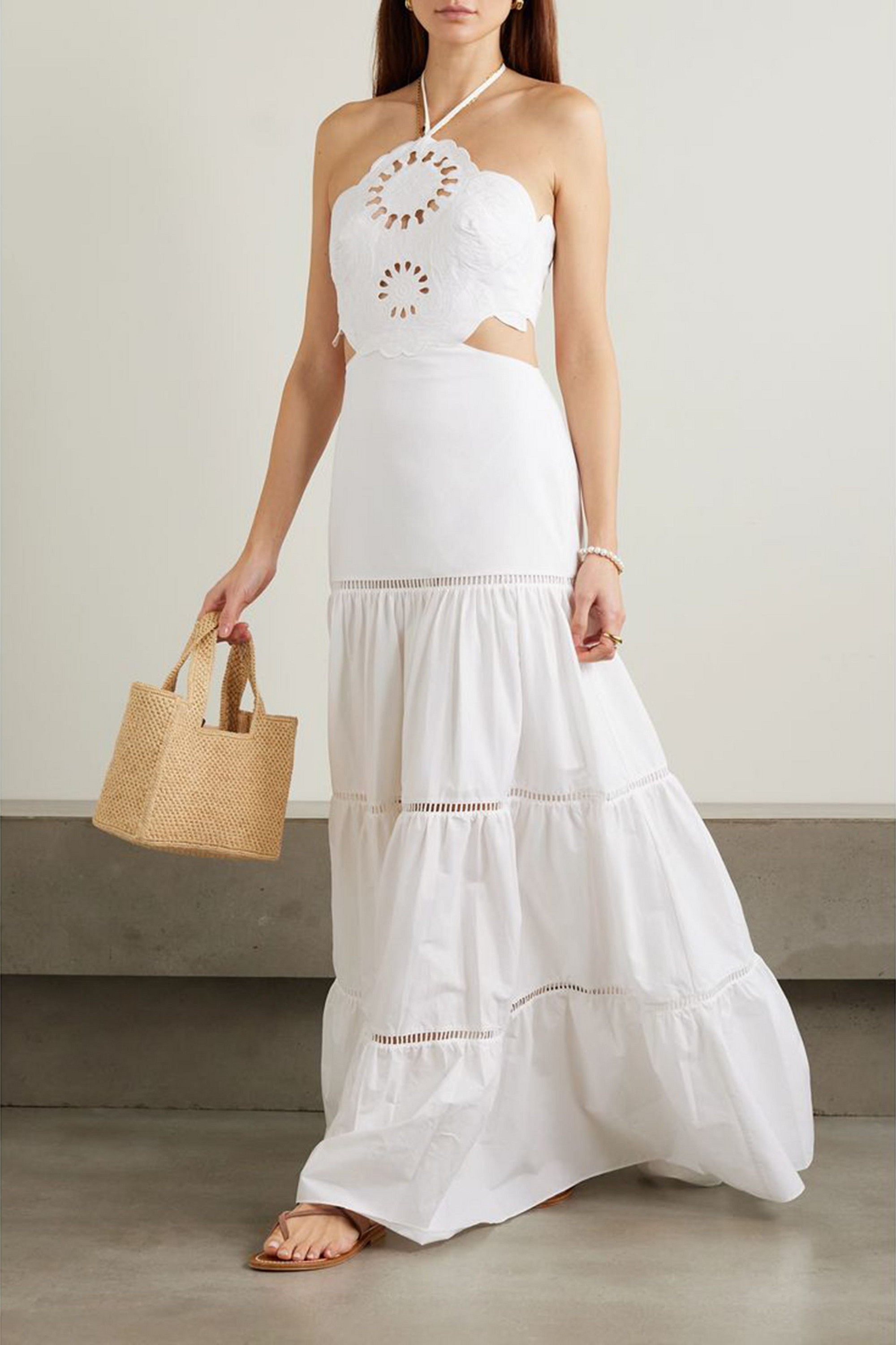 PatBO Tiered broderie anglaise cotton-blend poplin halterneck maxi dress