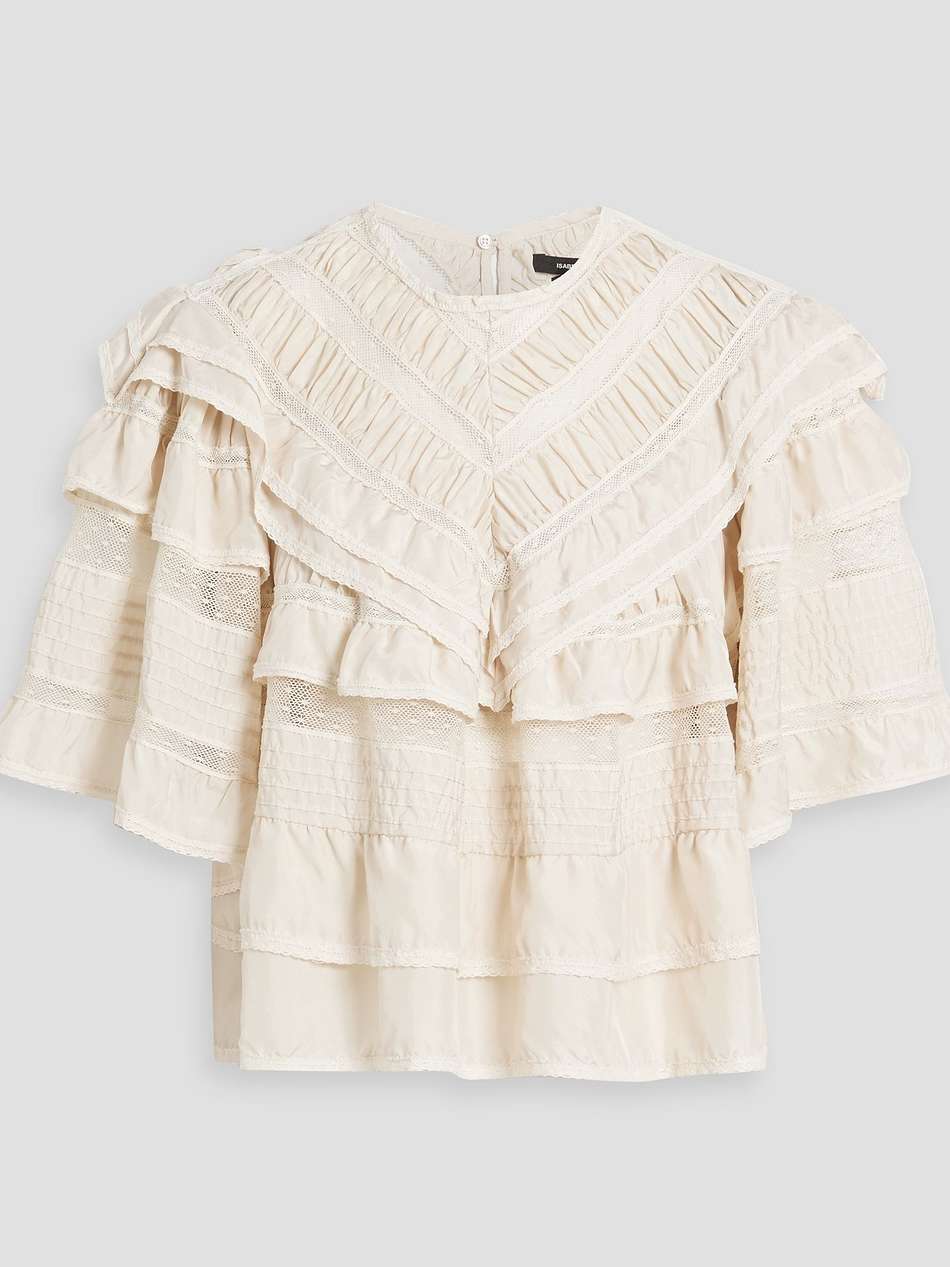cielo ruffled crocheted lace-paneled silk blouse