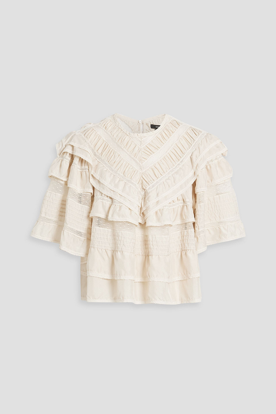 Isabel Marant Cielo Ruffled Crocheted Lace-paneled Silk Blouse In Ecru