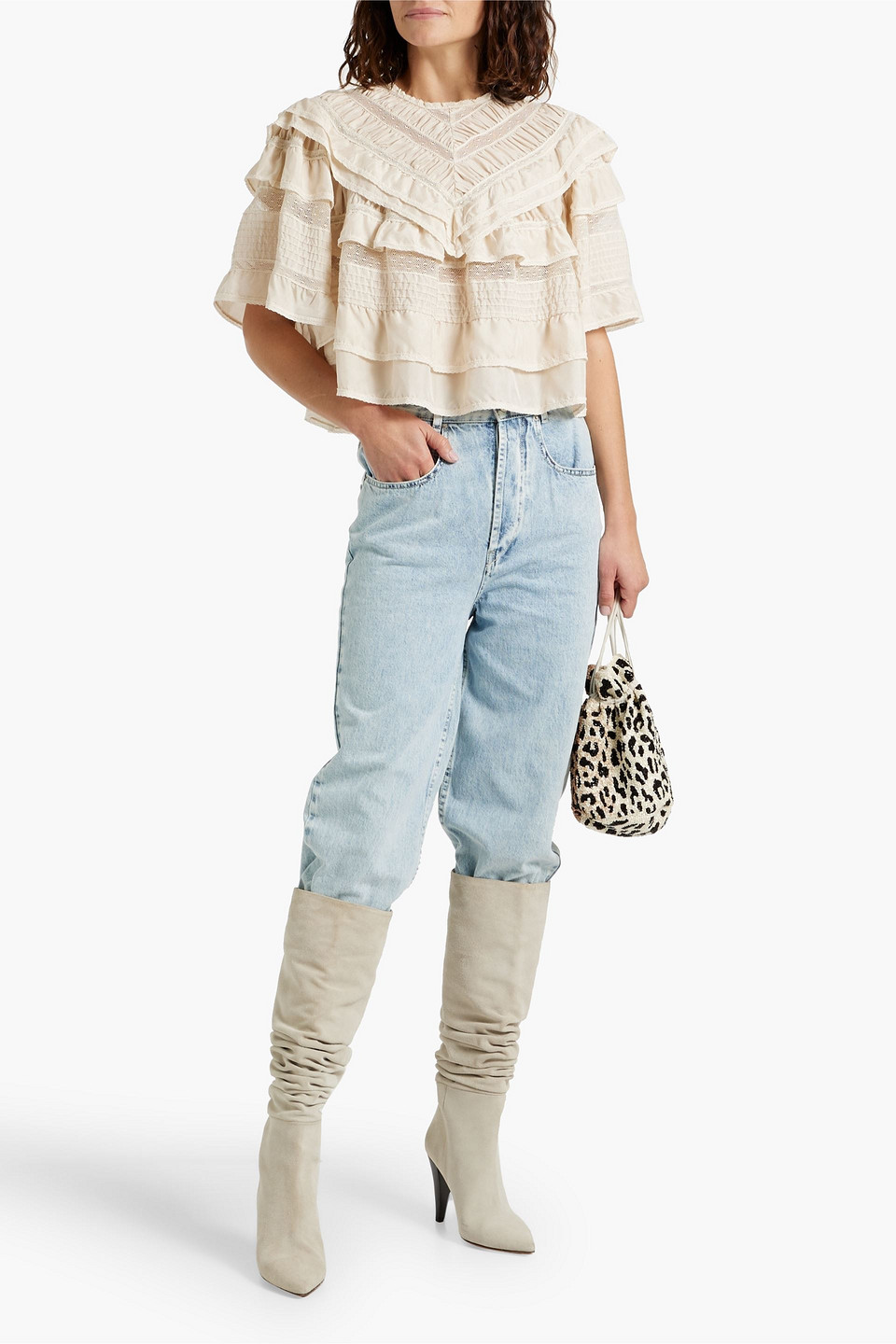 ISABEL MARANT CIELO RUFFLED CROCHETED LACE-PANELED SILK BLOUSE