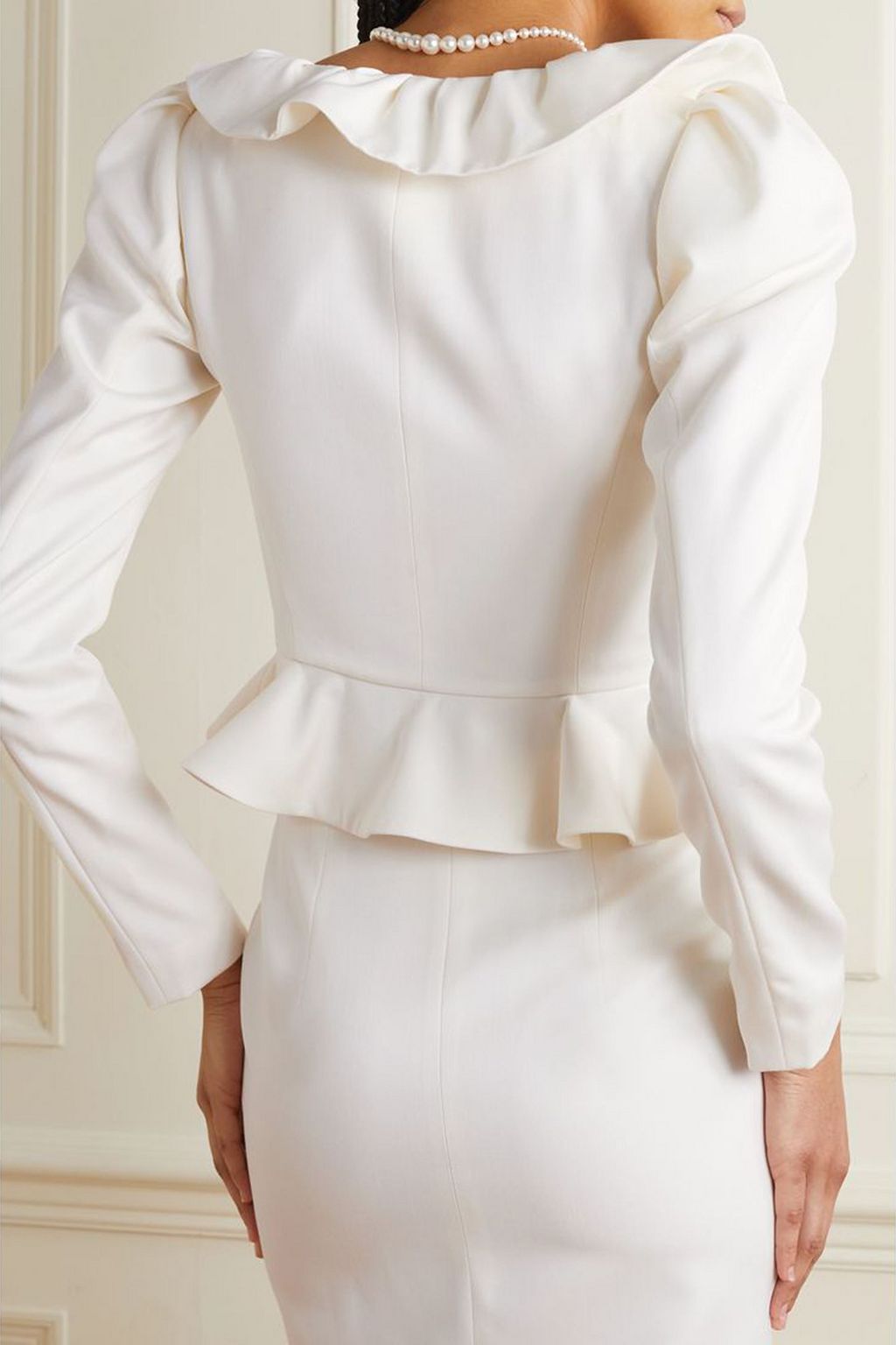 ALESSANDRA RICH Embellished ruffled cropped wool-crepe jacket