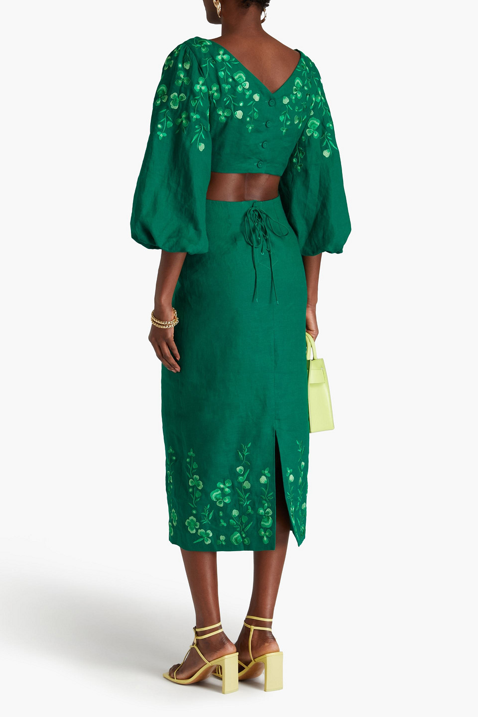 Shop Saloni Neela Cutout Embroidered Linen Midi Dress In Green