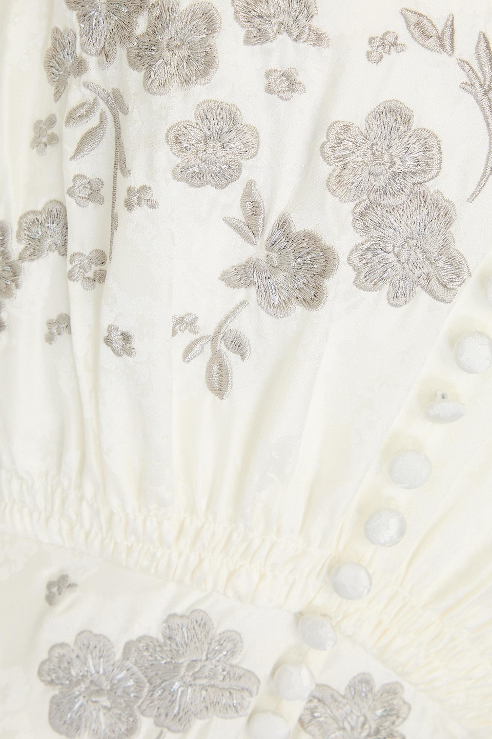 Saloni Lea Embroidered Floral-jacquard Silk Midi Dress In Ivory