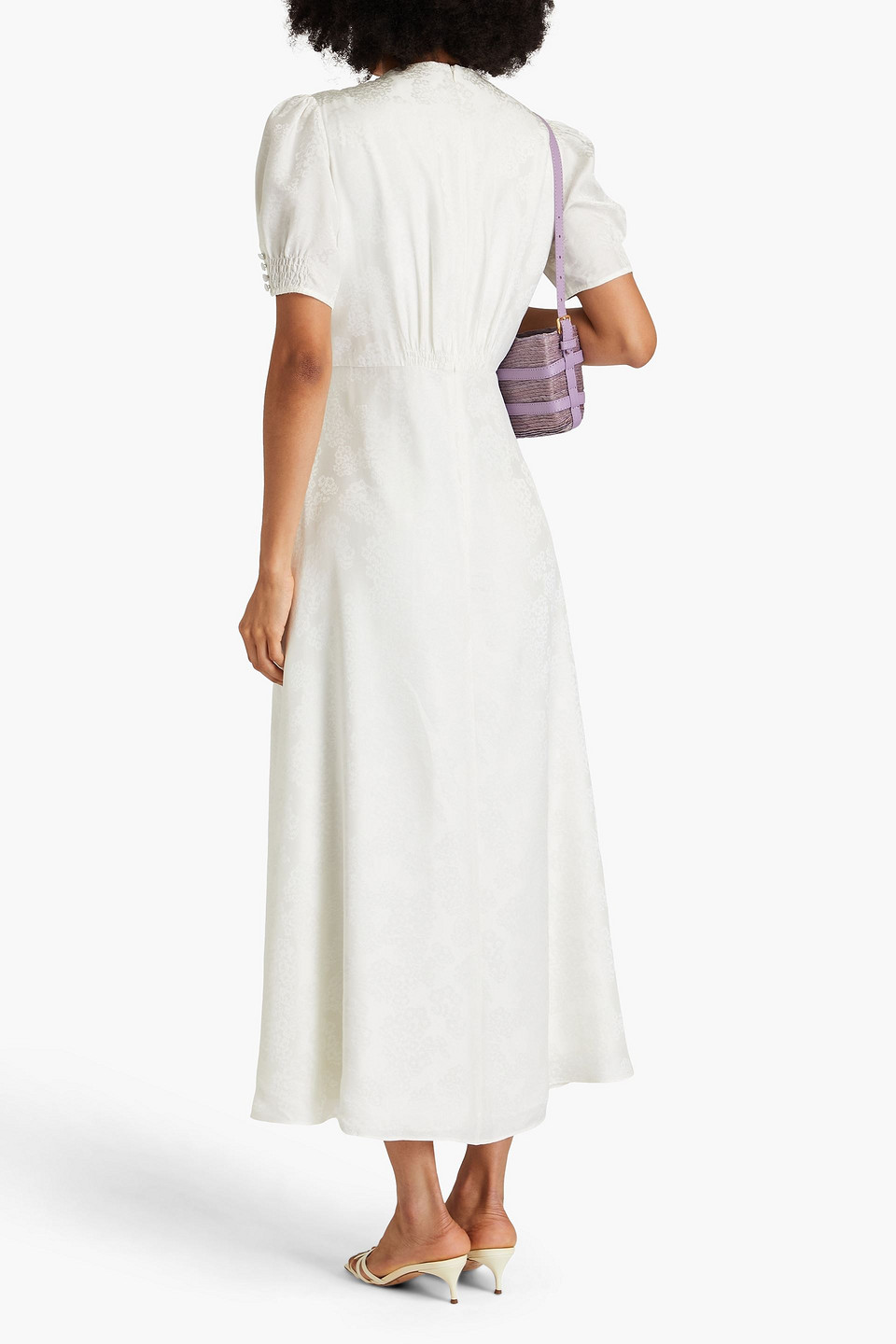 Saloni Lea Embroidered Floral-jacquard Silk Midi Dress In Ivory