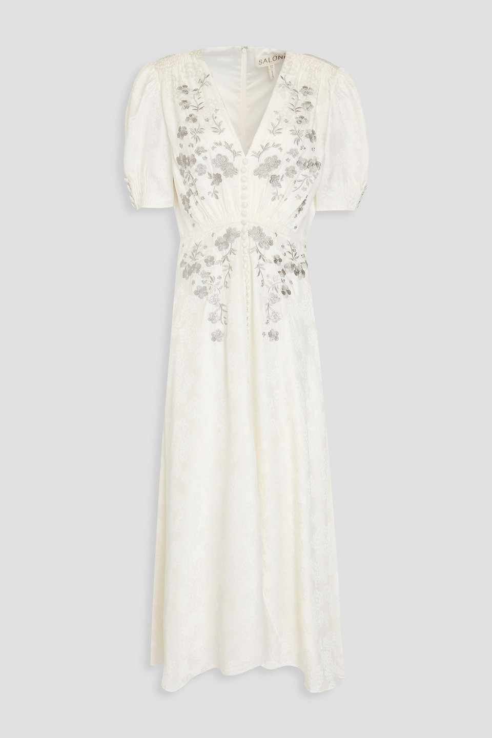 Saloni Lea Embroidered Floral-jacquard Silk Midi Dress In Ivory