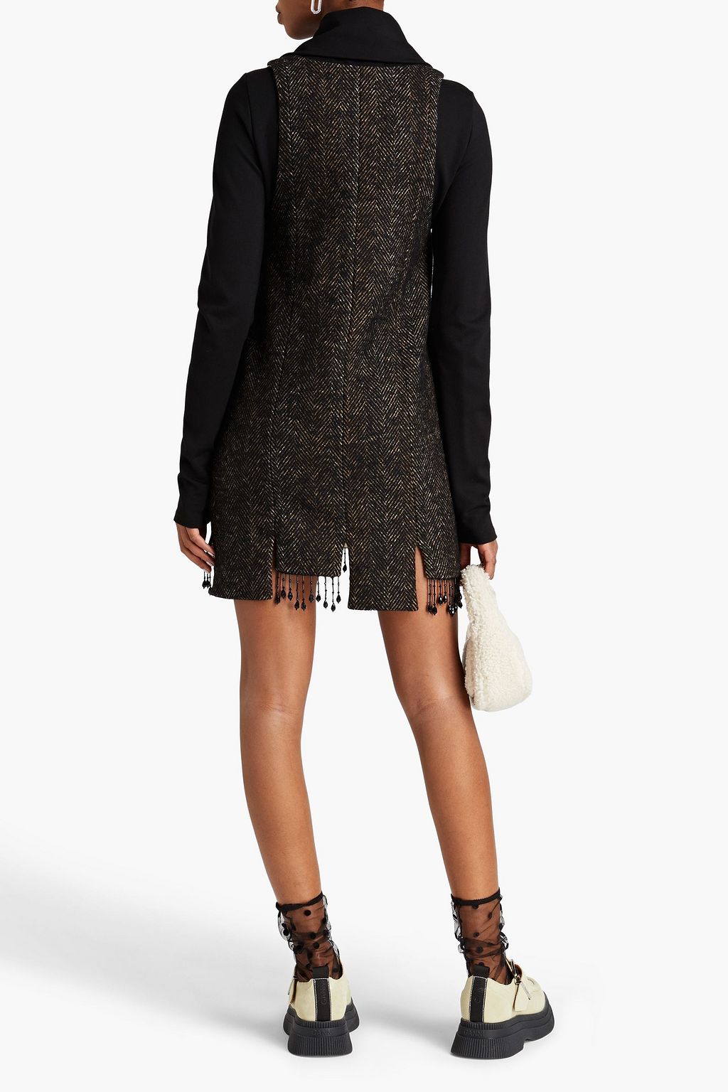 GANNI Bead-embellished herringbone tweed mini dress