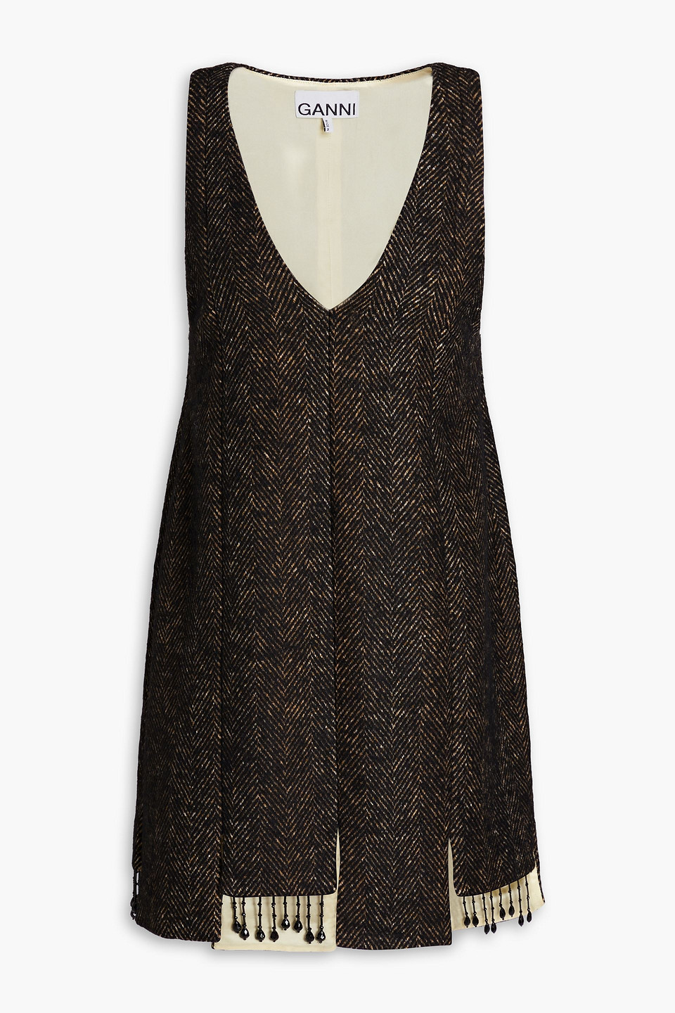 Ganni Fringed Bead-embellished Herringbone Tweed Mini Dress In Black