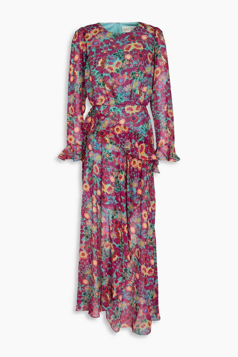 Saloni Jolene Ruffled Floral-print Silk-georgette Maxi Dress In Magenta