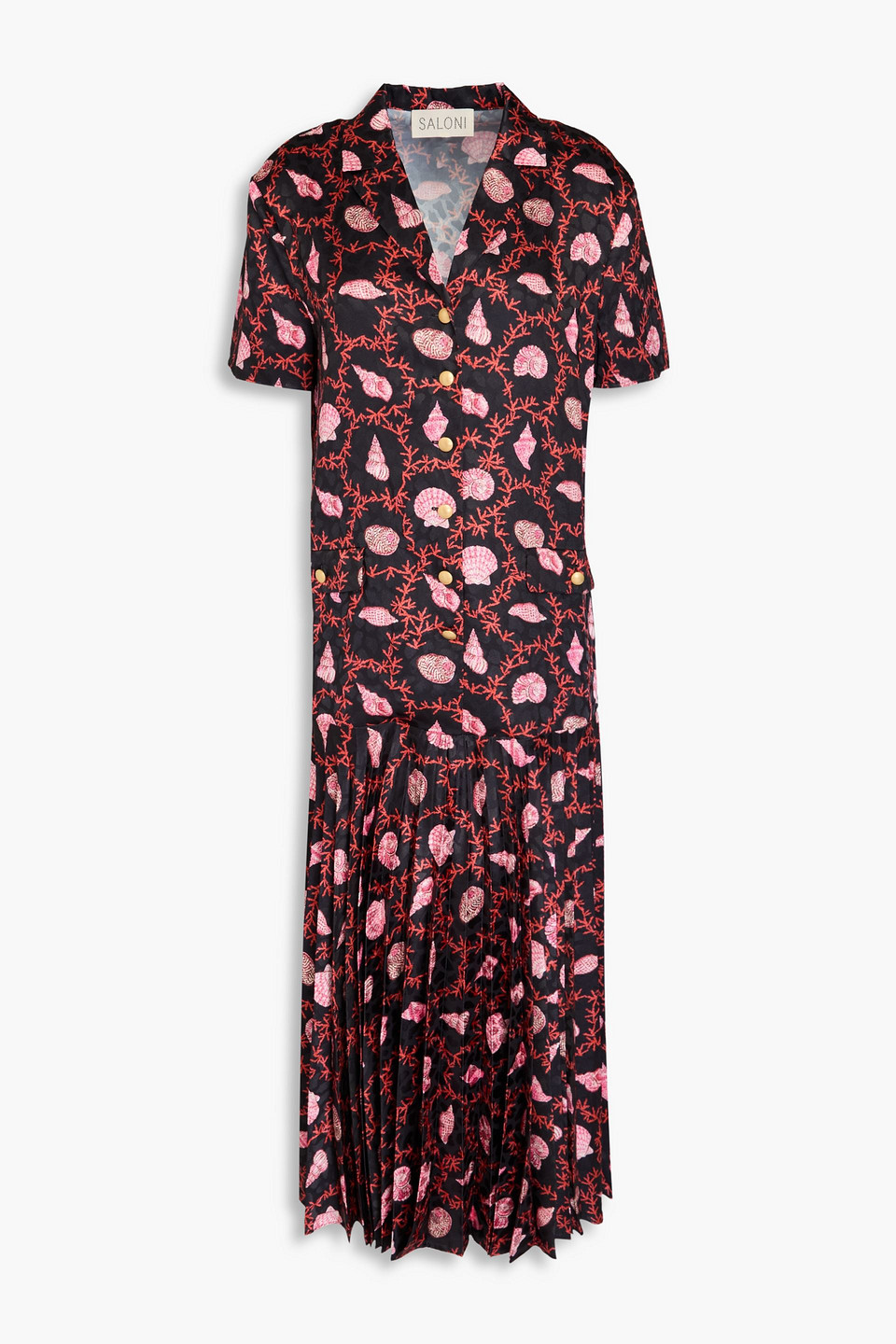 Saloni Sonia Pleated Printed Satin-jacquard Midi Shirt Dress In Black