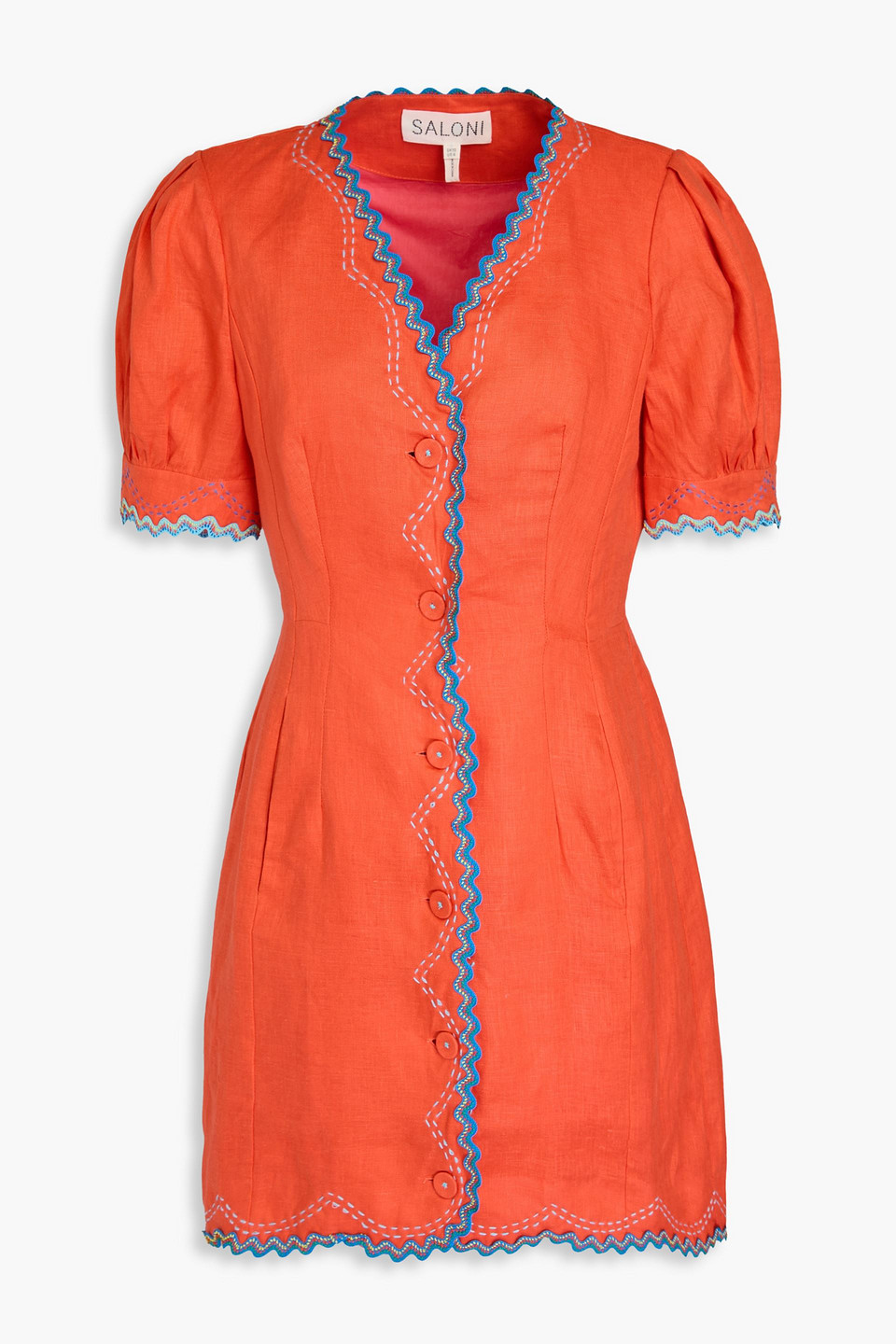 Saloni Marlee Embellished Linen Mini Shirt Dress In Orange