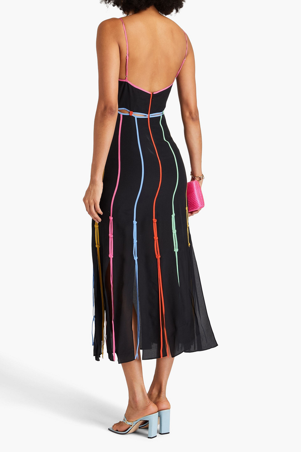 Shop Saloni Meera Cutout Fringed Silk Crepe De Chine Midi Dress In Black