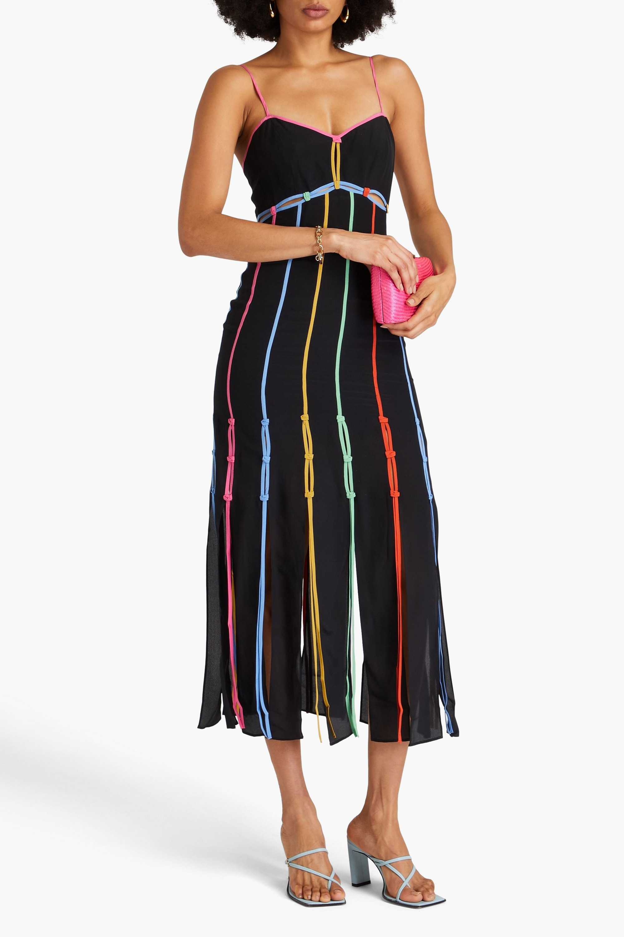 Saloni Meera cutout fringed silk crepe de chine midi dress