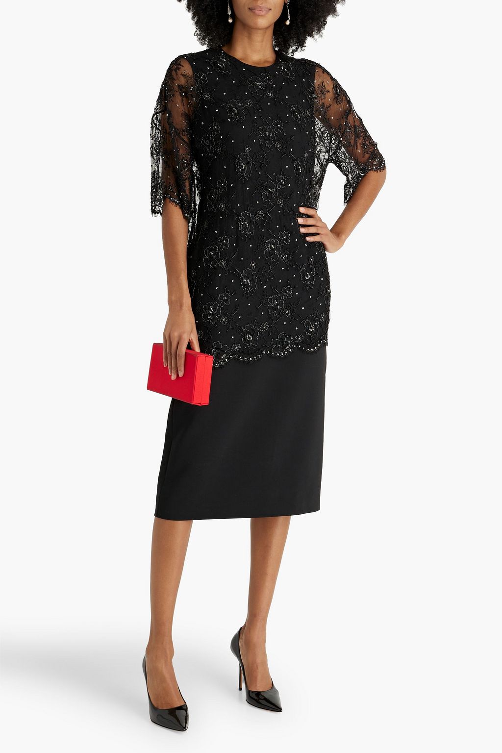 VALENTINO GARAVANI Embellished wool-blend crepe midi dress