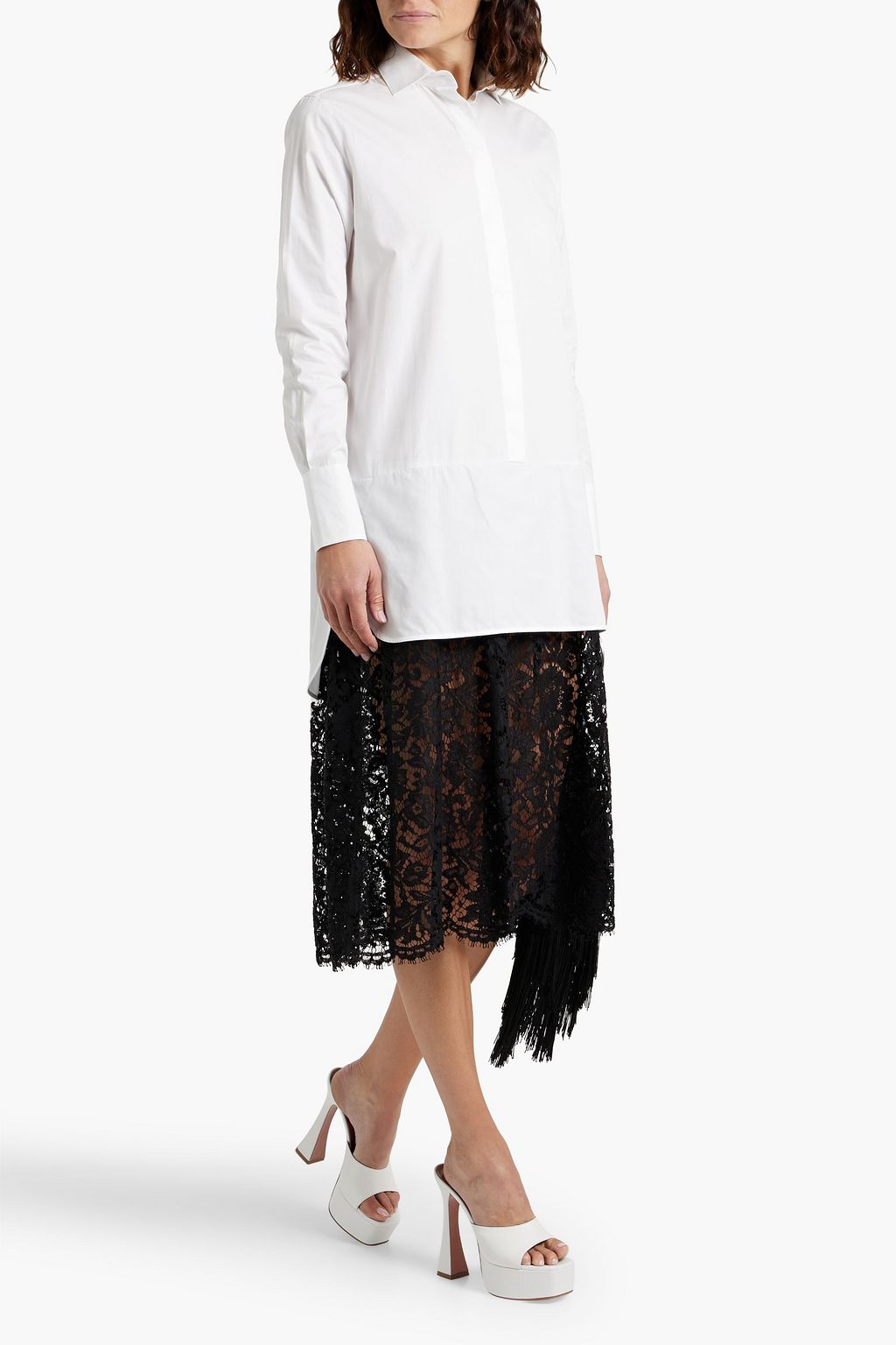 VALENTINO GARAVANI Lace-paneled logo-print cotton-poplin midi dress