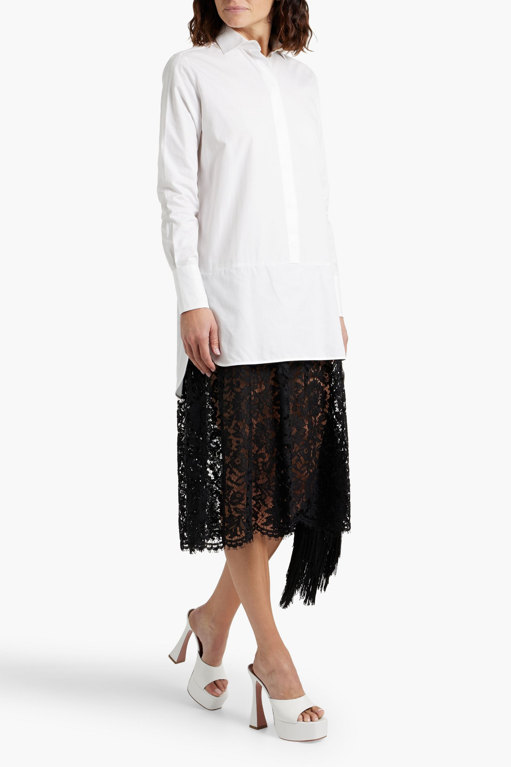 Valentino Garavani Lace-paneled logo-print cotton-poplin midi dress