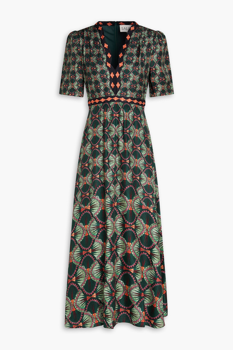 Saloni Tabitha Printed Silk-jacquard Midi Dress In Grey Green