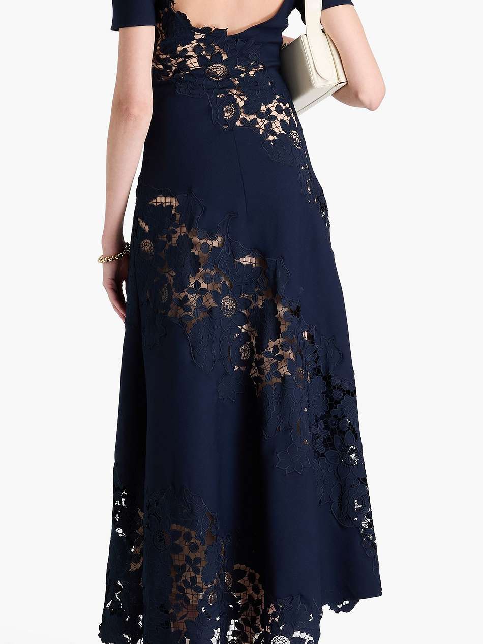 cutout guipure lace-paneled wool-blend maxi dress