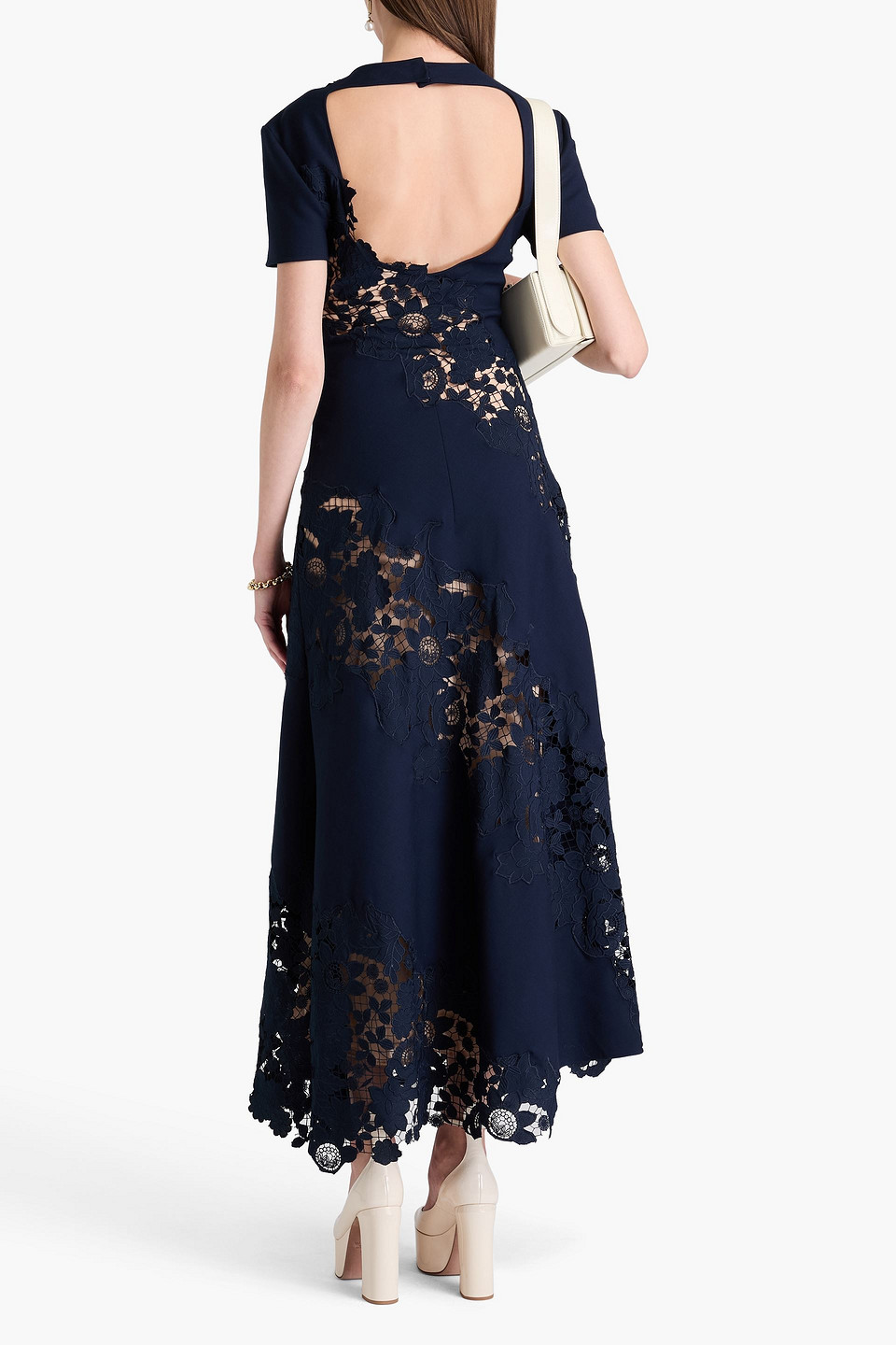 OSCAR DE LA RENTA CUTOUT GUIPURE LACE-PANELED WOOL-BLEND MAXI DRESS