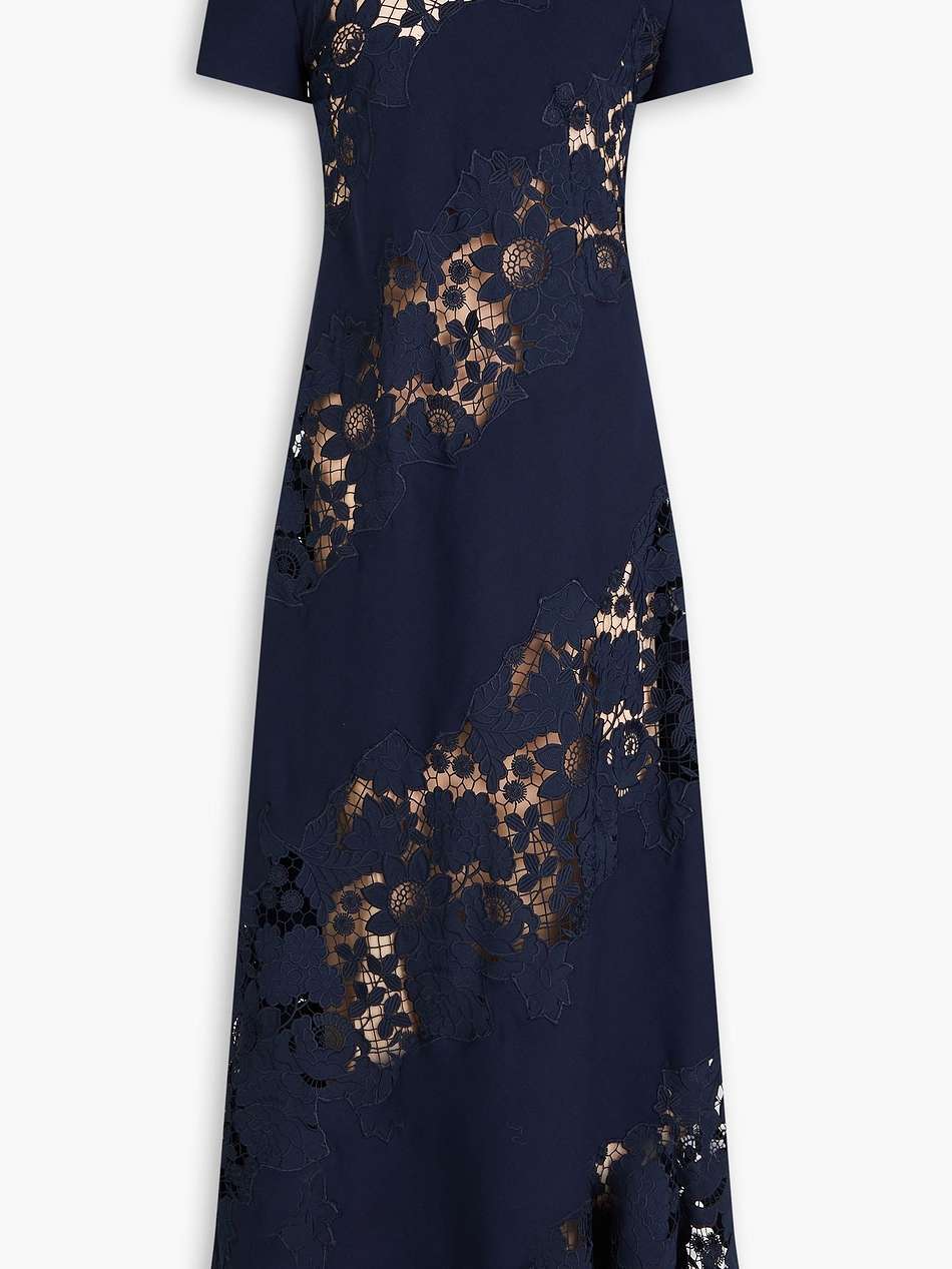 cutout guipure lace-paneled wool-blend maxi dress