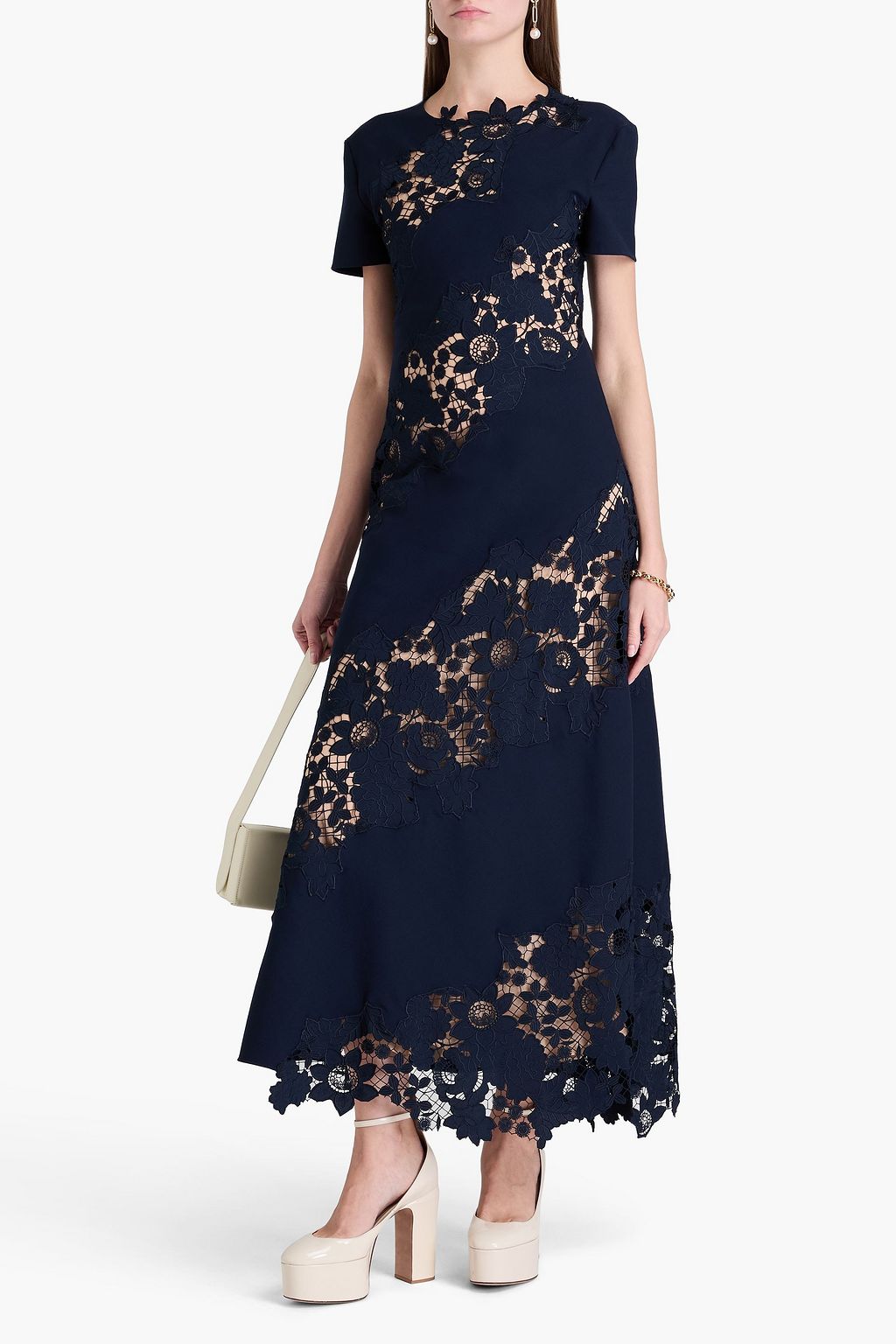 OSCAR DE LA RENTA فستان طويل مصنوع من مزيج الصوف مع قِطع محاكة بجانب بعضها البعض من دانتيل غيبور وفتحات
