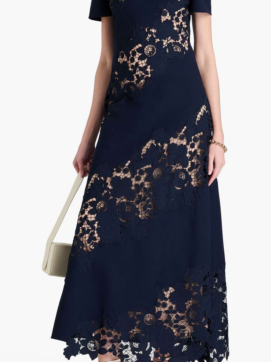 cutout guipure lace-paneled wool-blend maxi dress