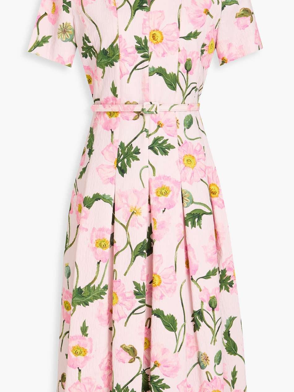 pleated floral-print cotton-blend cloqué midi dress