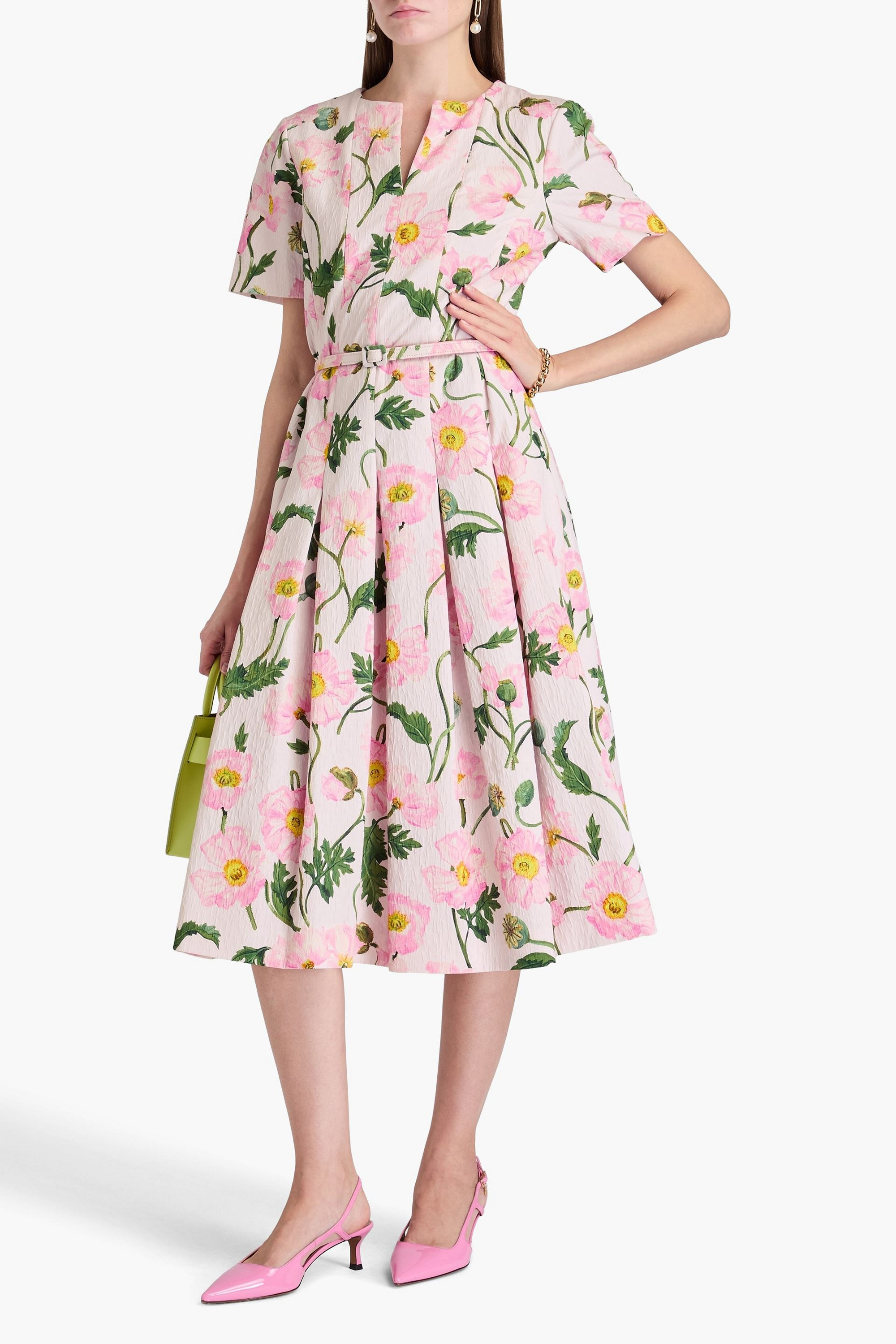 Oscar de la Renta Pleated floral-print cotton-blend cloqué midi dress