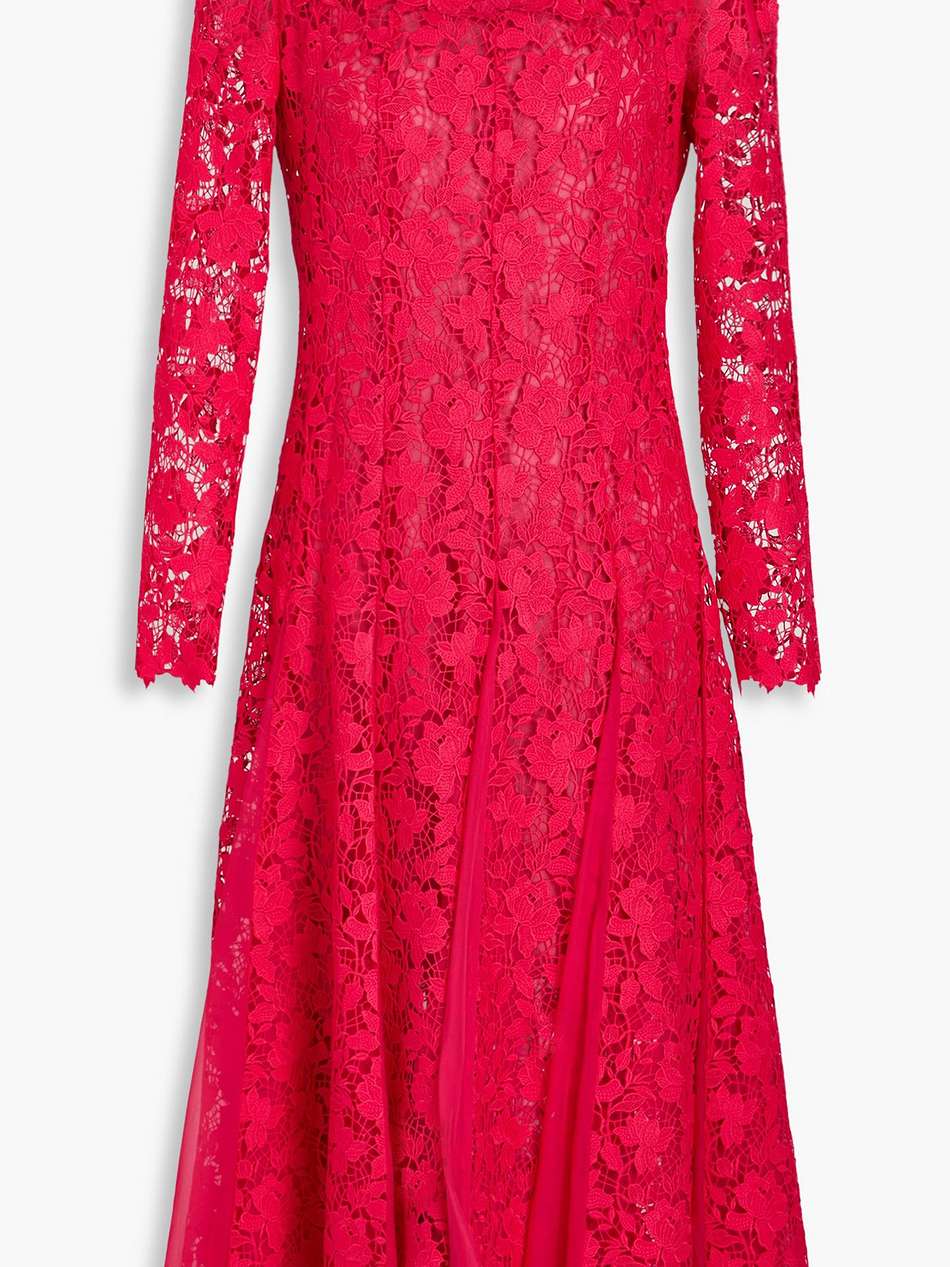 chiffon-trimmed guipure lace midi dress